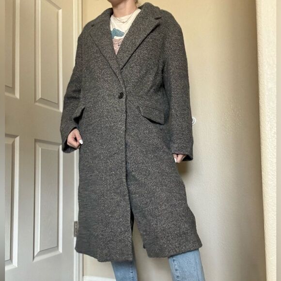ZARA Tweed Boucle Wool Blend Oversized Coat Size Medium Grey Longline - Picture 3 of 12